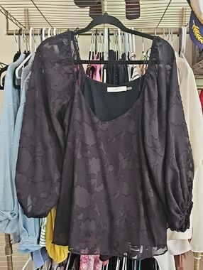 bohme Black Sheer Floral Scoop-Neck Blouse